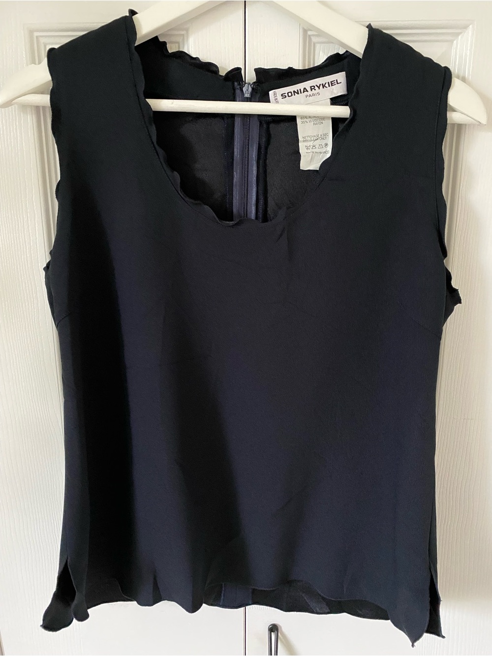 Sonia Rykiel Vintage Sleeveless Lettuce Trim Shell Zipper Back Dark Navy 10-12